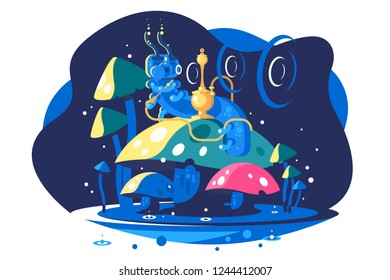 Absolem character from Alice Adventures in Wonderland poster. Blue caterpillar sitting on mushroom and smoking hookah vector illustration. Dark background flat style concept