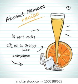 Absolut Mimosa cocktail, vector sketch hand drawn illustration, fresh summer alcoholic drink with recipe and fruits	
