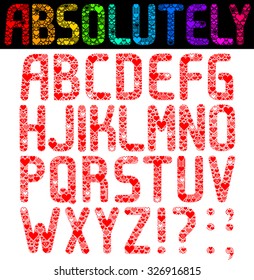 Absolute love. Vector Font made of multiple heart shapes of different size. Part 1/2 Complete Alphabet