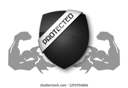 Absolute protection guard shield arm concept. Safety vector badge abstract protection icon. Privacy banner hand shield. Security label sign. Defense tag presentation sticker arm shield safeguard sign