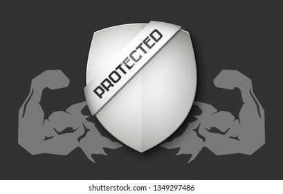 Absolute protection guard shield arm concept. Safety vector badge abstract protection icon. Privacy banner hand shield. Security label sign. Defense tag presentation sticker arm shield safeguard sign