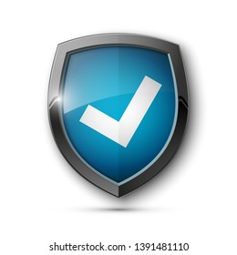 Absolute protection guard shield check mark concept. Safety vector badge abstract protection icon Privacy banner shield. Security V label sign. Defense tag presentation sticker mark shield safeguard