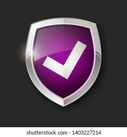 Absolute protection guard shield check mark concept. Safety vector badge abstract protection icon Privacy banner shield. Security V label sign. Defense tag presentation sticker mark shield safeguard