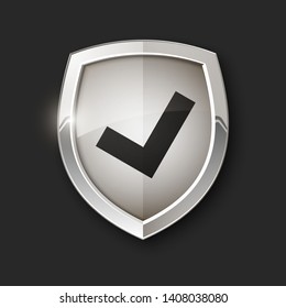 Absolute protection guard shield check mark concept. Safety vector badge abstract protection icon Privacy banner shield. Security V label sign. Defense tag presentation sticker mark shield safeguard