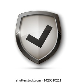 Absolute protection guard shield check mark concept. Safety vector badge abstract protection icon Privacy banner shield. Security V label sign. Defense tag presentation sticker mark shield safeguard
