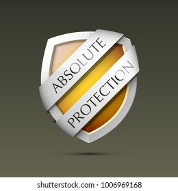 Absolute Protection guard shield concept. Safety badge, Absolute protection icon. Privacy banner shield. Security label. Defense tag. Presentation sticker shield. Defense safeguard sign. Vector badge