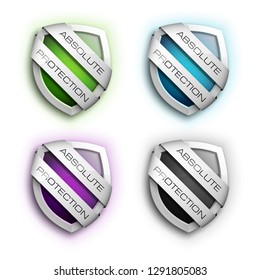 Absolute Protection guard shield concept. Safety badge, Absolute protection icon. Privacy banner shield. Security label. Defense tag. Presentation sticker shield. Defense safeguard sign. badge