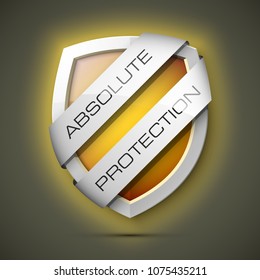 Absolute Protection guard shield two strips. Safety badge, Absolute protection icon. Privacy banner shield. Security label. Defense two strips tag. Presentation sticker shield. Defense safeguard sign