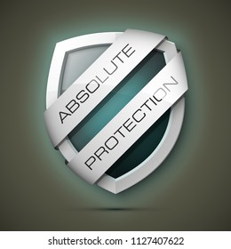 Absolute Protection guard shield two strips. Safety badge, Absolute protection icon. Privacy banner shield. Security label. Defense two strips tag. Presentation sticker shield. Defense safeguard sign