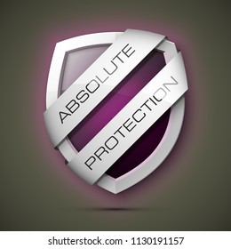 Absolute Protection guard shield two strips. Safety badge, Absolute protection icon. Privacy banner shield. Security label. Defense two strips tag. Presentation sticker shield. Defense safeguard sign
