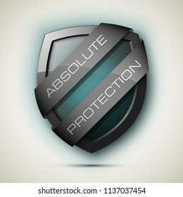 Absolute Protection guard shield two strips. Safety badge, Absolute protection icon. Privacy banner shield. Security label. Defense two strips tag. Presentation sticker shield. Defense safeguard sign