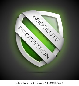 Absolute Protection guard shield two strips. Safety badge, Absolute protection icon. Privacy banner shield. Security label. Defense two strips tag. Presentation sticker shield. Defense safeguard sign
