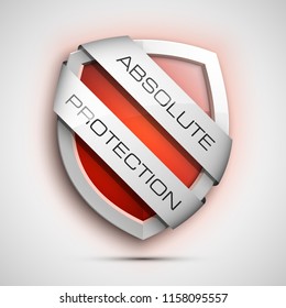 Absolute Protection guard shield two strips. Safety badge, Absolute protection icon. Privacy banner shield. Security label. Defense two strips tag. Presentation sticker shield. Defense safeguard sign