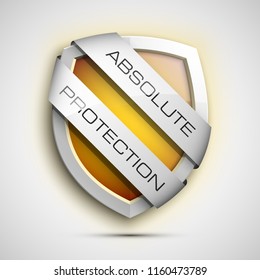 Absolute Protection guard shield two strips. Safety badge, Absolute protection icon. Privacy banner shield. Security label. Defense two strips tag. Presentation sticker shield. Defense safeguard sign