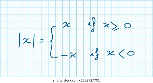 Absolute value equations of real number. Formula, domain, range and graph of absolute value. Mathematics resources for teachers and students. Scientific doodle handwriting concept.