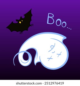 Fantasma branco absolutamente morto e uma ilustração vetor morcego preto em um fundo roxo escuro, perfeito para temas de Halloween e decorações