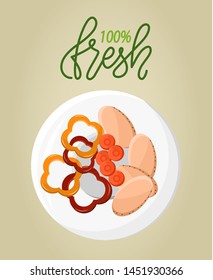 Absolutely fresh organic food, ingredients in bowl cut pepper and carrot sliced, potatoes. Vector natural 100 percent clean vegetables and lettering