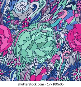 Absolutely gorgeous floral seamless pattern in fantastic colors. Stylish vector background  made of bursts, peony flowers.  Seamless pattern