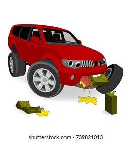 Absolutely no the fuel economy. Big cartoon gas guzzler SUV eats gasoline. Vector illustration