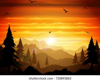 Absolutely silent twilight of the forest.