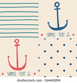 Absolutely simple vector set of nautical seamless patterns, marine symbols.  Use to create quilting patches or seamless backgrounds for various craft projects.