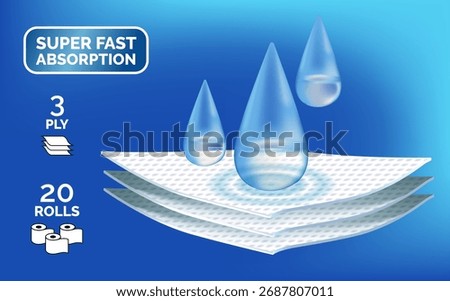 Absorbent 3 layer material with water drops. Infographic for toilet paper, napkins, wipes and other hygiene product. Label for packaging paper towels, napkins. Realistic vector illustration.