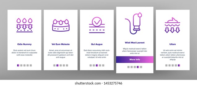 Absorbent, Absorbing Materials Vector Onboarding Mobile App Page Screen. Absorbents For Moisture Control. Absorbing Breathable Textures For Children, Women Linear Pictograms. Water Drops Illustrations
