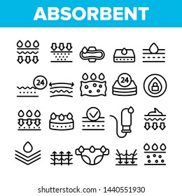 Absorbent, Absorbing Materials Vector Thin Line Icons Set. Absorbents For Moisture Control. Absorbing Breathable Textures For Children, Women Linear Pictograms. Water Drops Contour Illustrations