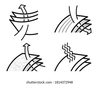 Absorbent pad icons set for layered materials, surgical mask, fabric layers, air filter, diapers, napkin, filter sheet. EPS file.
