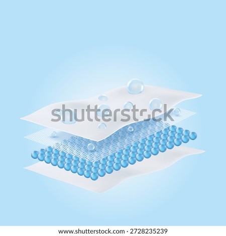 Absorbent sheet with liquid droplets permeating through mesh layer into SAP core. Concept for moisture wicking, breathable texture, and saturation technology.