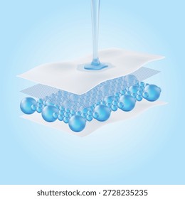 Estructura de lámina absorbente con perlas de SAP azul hinchado. El polímero súper absorbente se expande y convierte el líquido en gel para bloquear la humedad en su interior. Concepto para pañales de alta capacidad y toallas sanitarias.