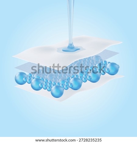 Absorbent sheet structure with swollen blue SAP beads. Super Absorbent Polymer expands and turns liquid into gel to lock moisture inside. Concept for high-capacity diapers and sanitary pads.