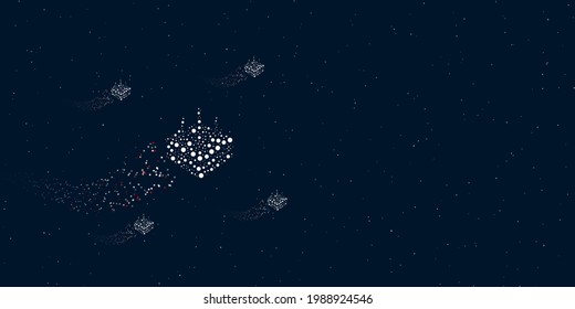 A absorbent symbol filled with dots flies through the stars leaving a trail behind. Four small symbols around. Empty space for text on the right. Vector illustration on dark blue background with stars