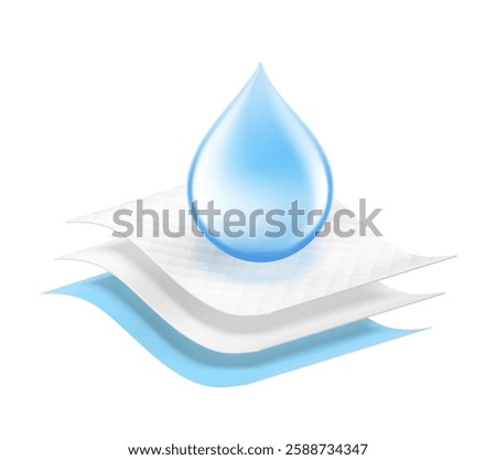 Absorbent three-layer material with drop. Infographic for toilet paper, napkins, wipes and other hygiene product. Vector illustration. Isolated on white background. EPS10.