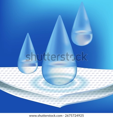 Absorbent two-layer material with water drops. Infographic for toilet paper, napkins, wipes and other hygiene product. Label for packaging paper towels, napkins. Realistic vector illustration.