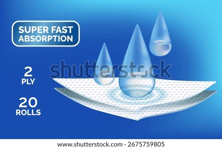 Absorbent two-layer material with water drops. Infographic for toilet paper, napkins, wipes and other hygiene product. Label for packaging paper towels, napkins. Realistic vector illustration.