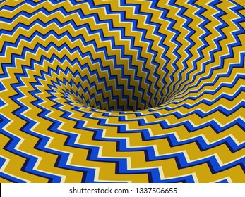 Absorbing rotating hole of yellow blue zigzag stripes pattern. Vector optical illusion background.