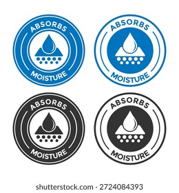 Absorve emblema de tecnologia de tecido de umidade. Rótulo de vetor com gota de água e setas representando características de controle de umidade, suor e secagem rápida.