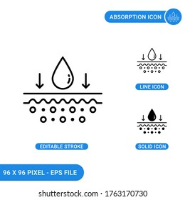 Absorption card icons set vector illustration with solid icon line style. Drop water emulsion concept. Editable stroke icon on isolated background for web design, infographic and UI mobile app.