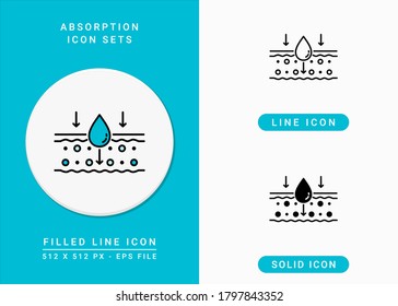 Los iconos de absorción establecen la ilustración vectorial con el estilo de línea de icono sólido. Concepto de emulsión de agua de gota. Icono de trazo editable sobre fondo aislado para diseño web, infografía y aplicación móvil de interfaz de usuario.