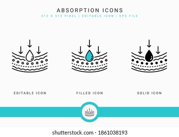 Los iconos de absorción establecen la ilustración vectorial con el estilo de línea de icono sólido. Concepto de emulsión de agua de gota. Icono de trazo editable sobre fondo aislado para diseño web, infografía, aplicación móvil de interfaz de usuario.