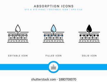 Los iconos de absorción establecen la ilustración vectorial con el estilo de línea de icono sólido. Concepto de emulsión de agua de gota. Icono de trazo editable sobre fondo aislado para diseño web, infografía y aplicación móvil de interfaz de usuario.