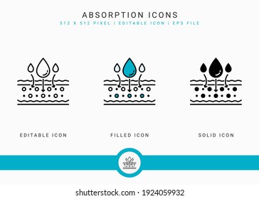 Absorption icons set vector illustration with solid icon line style. Drop water emulsion concept. Editable stroke icon on isolated background for web design, user interface, and mobile application