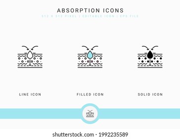 Absorption icons set vector illustration with solid icon line style. Skin moisture water concept. Editable stroke icon on isolated background for web design, user interface, and mobile application