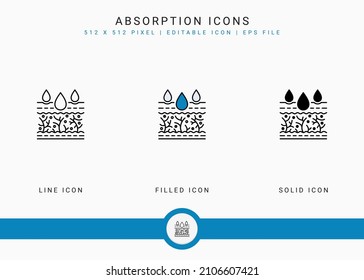 Los iconos de absorción establecen la ilustración vectorial con el estilo de línea de icono sólido. Concepto de agua de humedad de la piel. Icono de trazo editable en fondo aislado para diseño web, interfaz de usuario y aplicación móvil