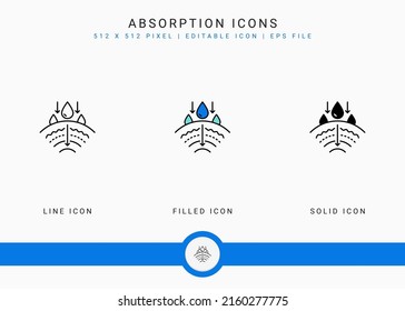 Absorption icons set vector illustration with solid icon line style. Skin moisture water concept. Editable stroke icon on isolated background for web design, user interface, and mobile application