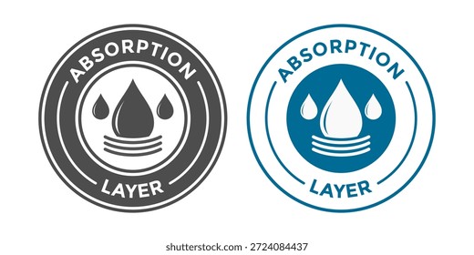 Ícone de camada de absorção mostrando gotas de líquido caindo sobre superfícies absorventes. Símbolo de círculo azul para fraldas, absorventes higiênicos ou características de produto de esponja indicando alta absorvência.