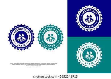 Absorption layer logo with liquid drops on fabric for hygienic and absorbent products.