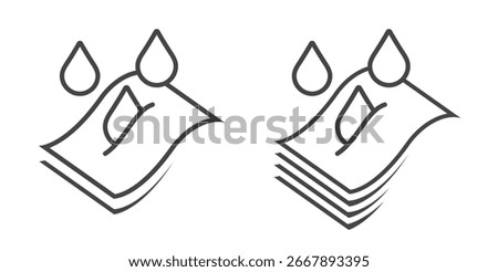 Absorption water fabric cloth material layer structure icon vector graphic set, diaper filter or napkin wet protection technology sign symbol line stroke outline thin linear style logo