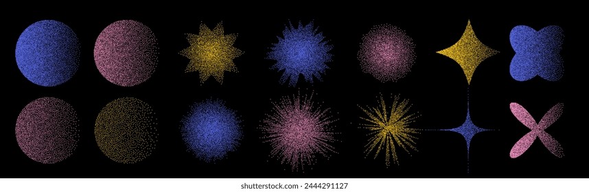 Absrac shaped dotted objects, vintage stipple elements. Fading gradient. Stippling, dotwork drawing, shading using dots. Halftone disintegration effect. White noise grainy texture. Vector illustration